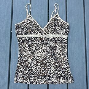 Leopard print surplice wrap babydoll camisole with lace trim and bow, Y2K 2000s